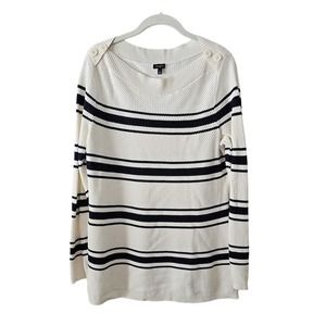 Talbots Womens Size L Black Ivory Stripe Tunic Sweater Button Shoulders Nautical